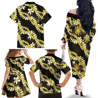 Puakenikeni Maile Lei Family Matching Off The Shoulder Long Sleeve Dress and Hawaiian Shirt Frangipani Yellow Tropical Leaves LT01 - Polynesian Pride