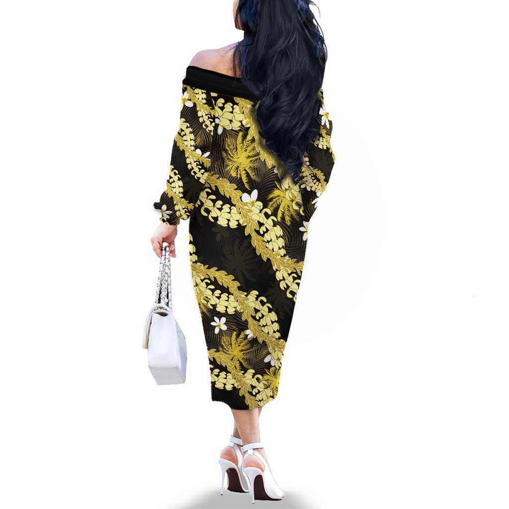 Puakenikeni Maile Lei Family Matching Off The Shoulder Long Sleeve Dress and Hawaiian Shirt Frangipani Yellow Tropical Leaves LT01 - Polynesian Pride