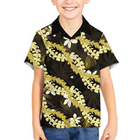 Puakenikeni Maile Lei Family Matching Off The Shoulder Long Sleeve Dress and Hawaiian Shirt Frangipani Yellow Tropical Leaves LT01 Son's Shirt Yellow - Polynesian Pride