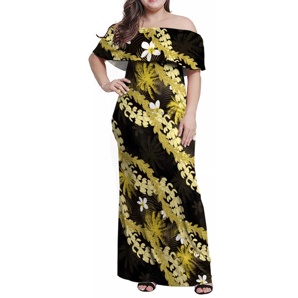 Puakenikeni Maile Lei Family Matching Off Shoulder Maxi Dress and Hawaiian Shirt Frangipani Yellow Tropical Leaves