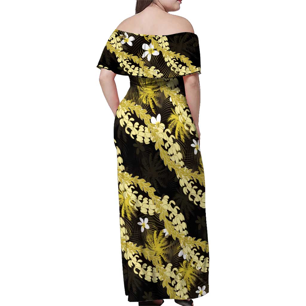 Puakenikeni Maile Lei Family Matching Off Shoulder Maxi Dress and Hawaiian Shirt Frangipani Yellow Tropical Leaves