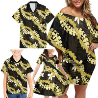 Puakenikeni Maile Lei Family Matching Off Shoulder Short Dress and Hawaiian Shirt Frangipani Yellow Tropical Leaves