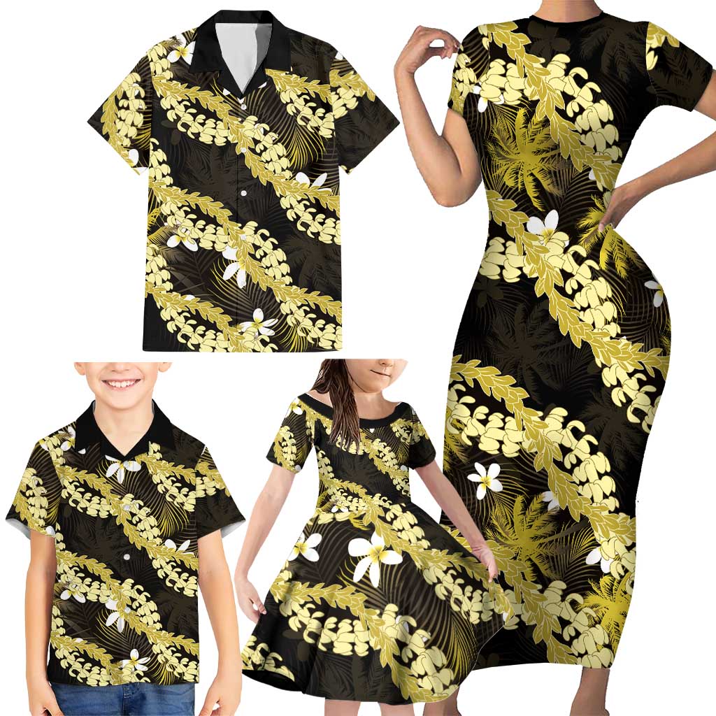 Puakenikeni Maile Lei Family Matching Short Sleeve Bodycon Dress and Hawaiian Shirt Frangipani Yellow Tropical Leaves LT01 - Polynesian Pride