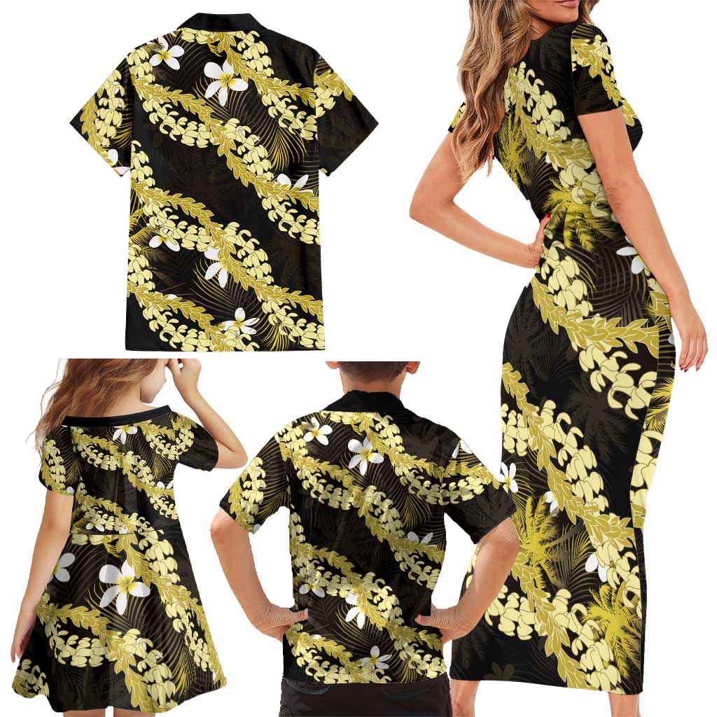 Puakenikeni Maile Lei Family Matching Short Sleeve Bodycon Dress and Hawaiian Shirt Frangipani Yellow Tropical Leaves LT01 - Polynesian Pride
