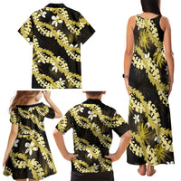 Puakenikeni Maile Lei Family Matching Tank Maxi Dress and Hawaiian Shirt Frangipani Yellow Tropical Leaves