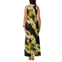 Puakenikeni Maile Lei Family Matching Tank Maxi Dress and Hawaiian Shirt Frangipani Yellow Tropical Leaves