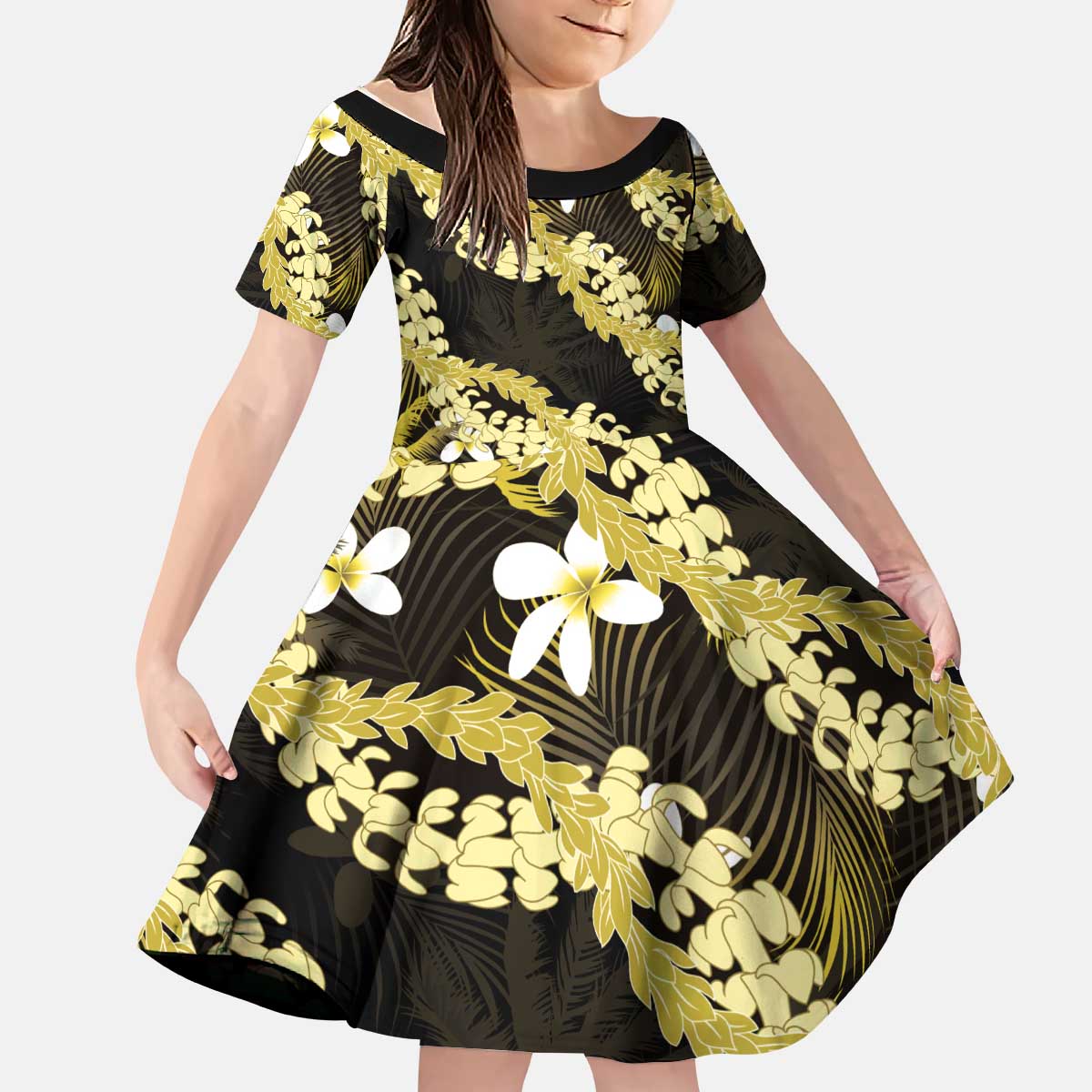 Puakenikeni Maile Lei Kid Short Sleeve Dress Frangipani Yellow Tropical Leaves