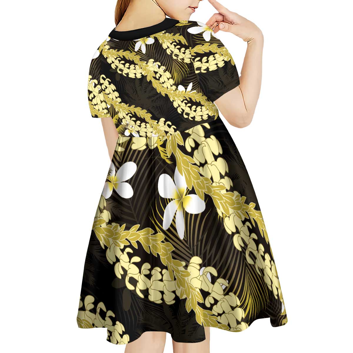 Puakenikeni Maile Lei Kid Short Sleeve Dress Frangipani Yellow Tropical Leaves