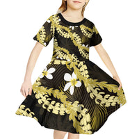 Puakenikeni Maile Lei Kid Short Sleeve Dress Frangipani Yellow Tropical Leaves