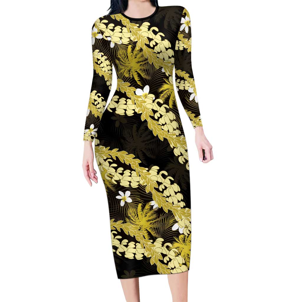 Puakenikeni Maile Lei Long Sleeve Bodycon Dress Frangipani Yellow Tropical Leaves LT01 Long Dress Yellow - Polynesian Pride