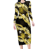 Puakenikeni Maile Lei Long Sleeve Bodycon Dress Frangipani Yellow Tropical Leaves LT01 Long Dress Yellow - Polynesian Pride
