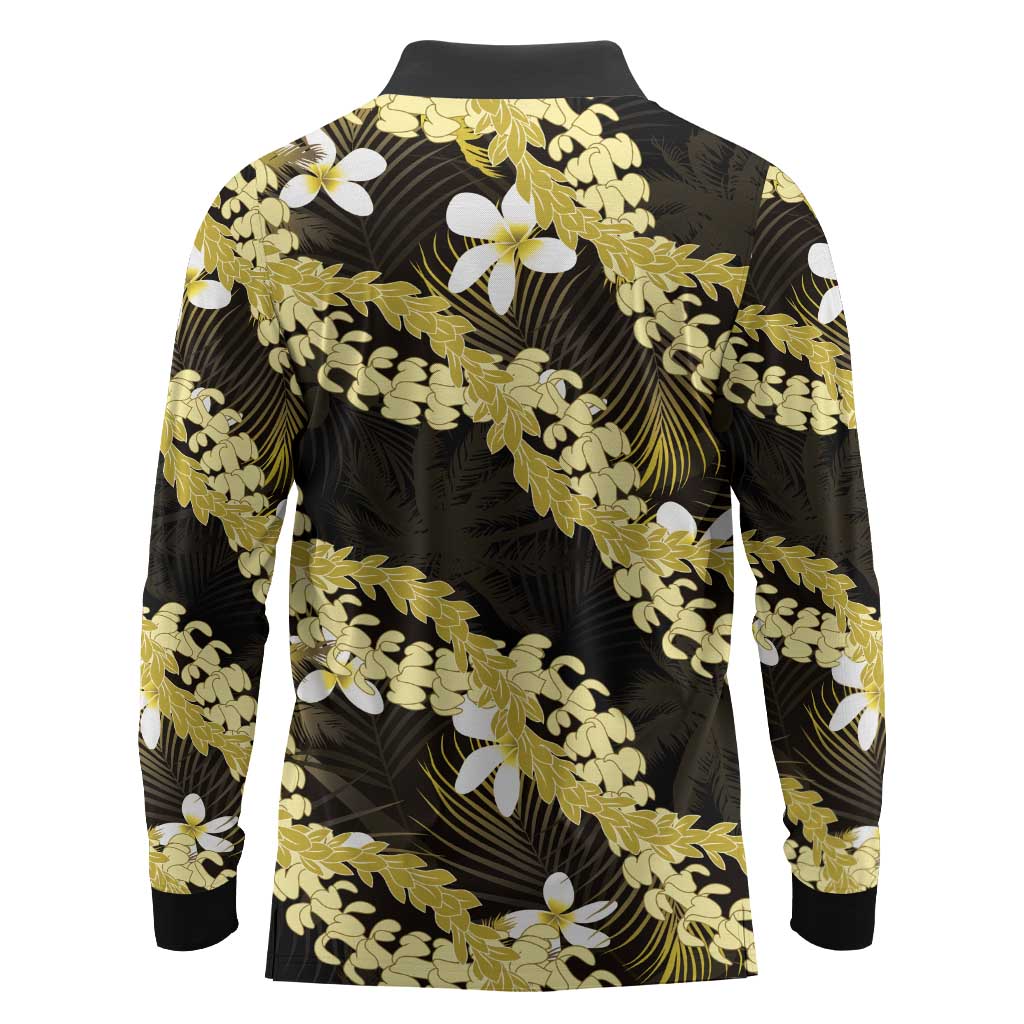 Puakenikeni Maile Lei Long Sleeve Polo Shirt Frangipani Yellow Tropical Leaves