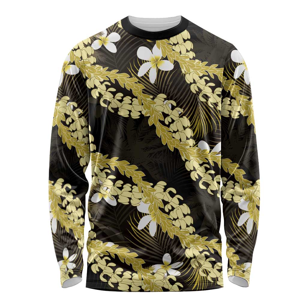 Puakenikeni Maile Lei Long Sleeve Shirt Frangipani Yellow Tropical Leaves