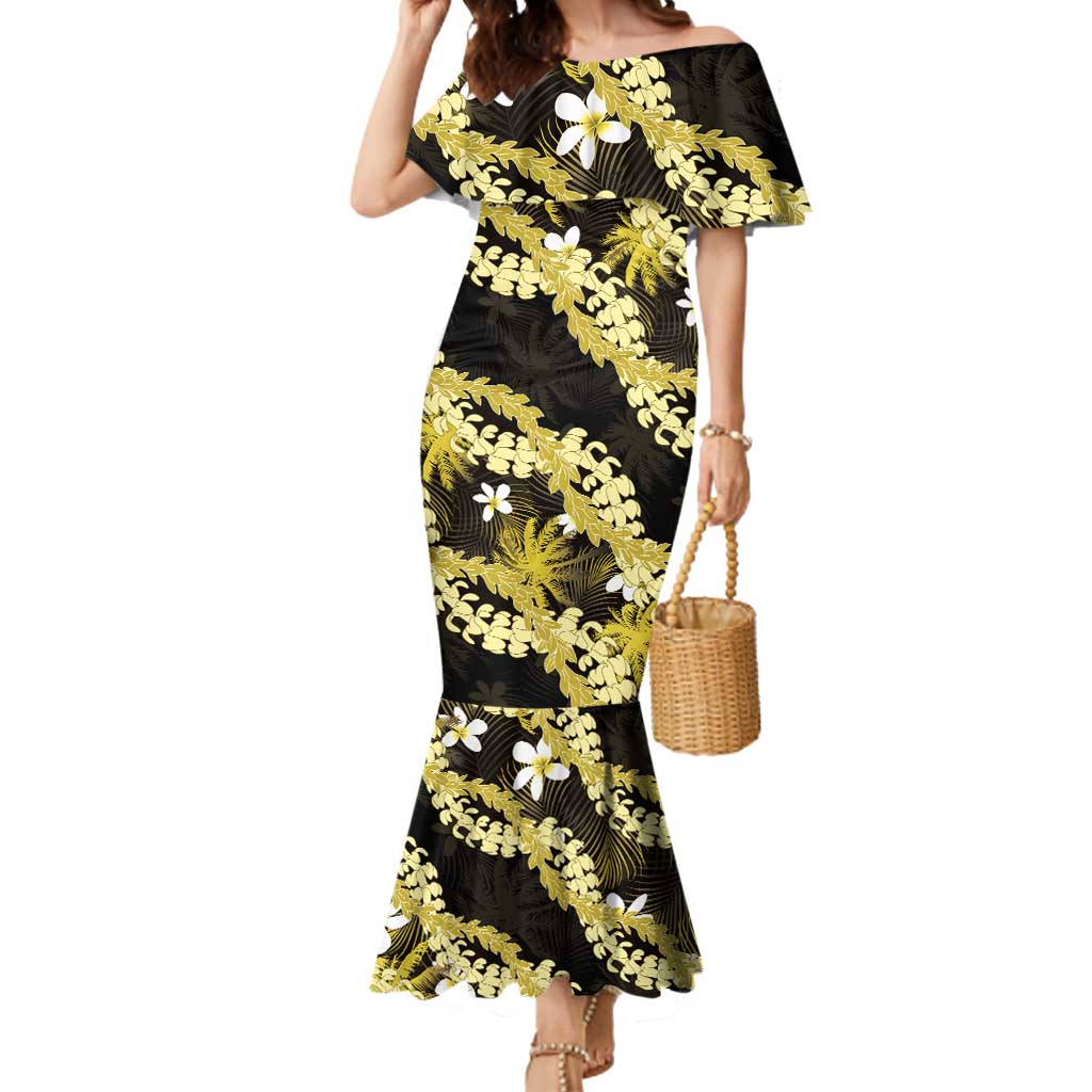 Puakenikeni Maile Lei Mermaid Dress Frangipani Yellow Tropical Leaves