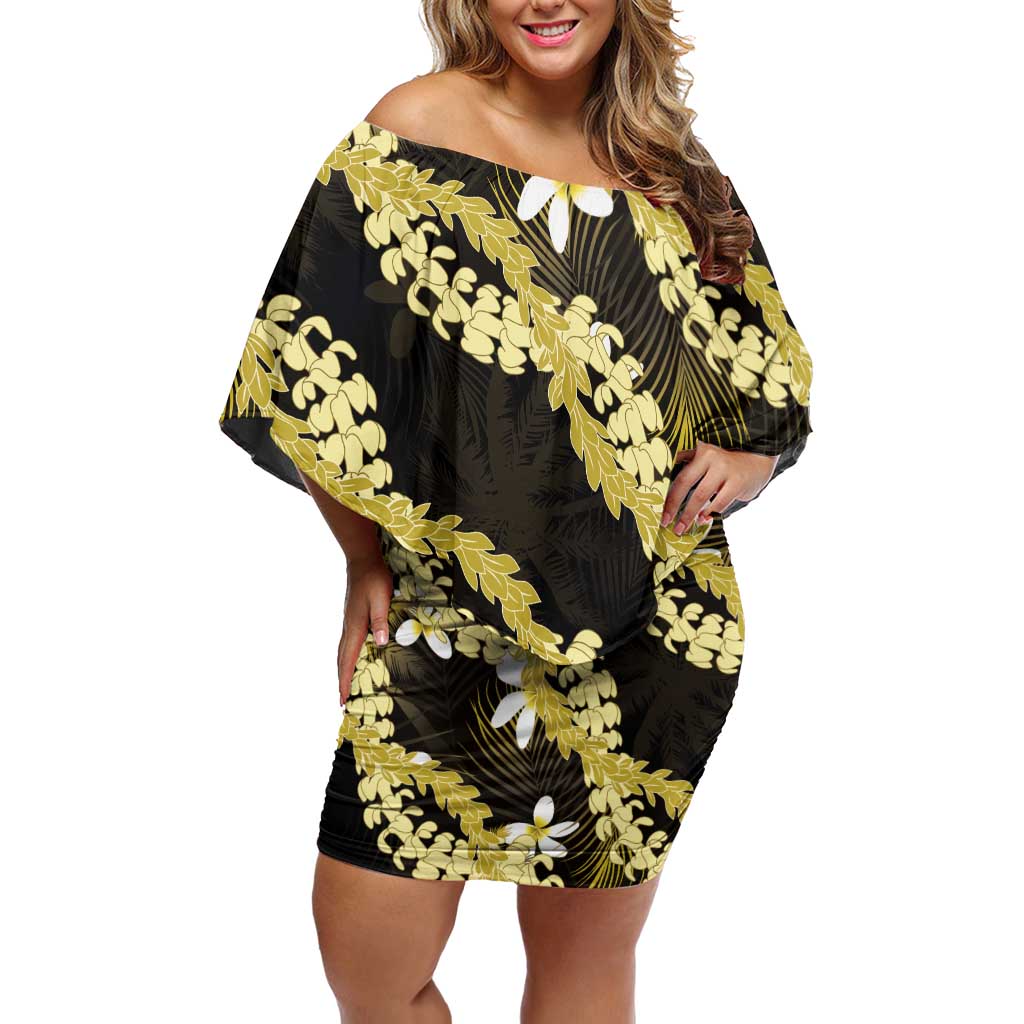 Puakenikeni Maile Lei Off Shoulder Short Dress Frangipani Yellow Tropical Leaves