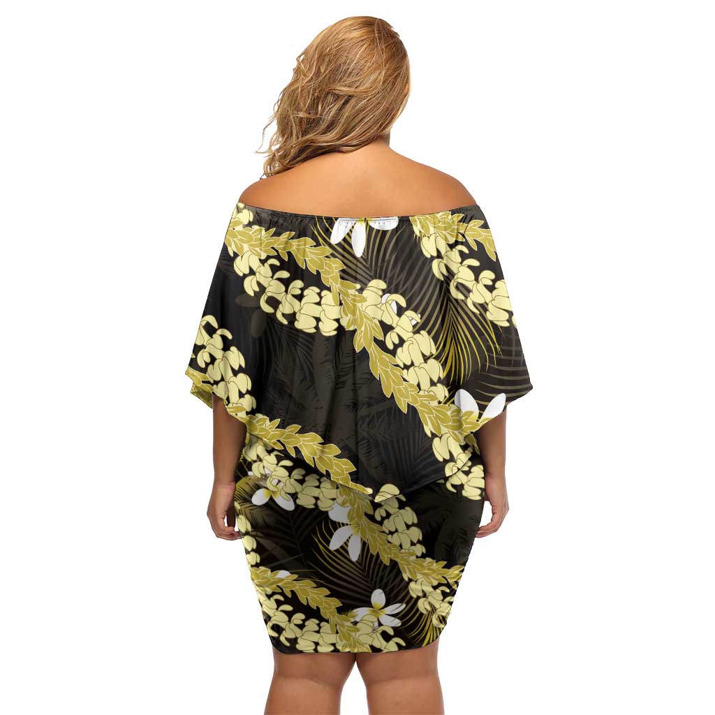 Puakenikeni Maile Lei Off Shoulder Short Dress Frangipani Yellow Tropical Leaves