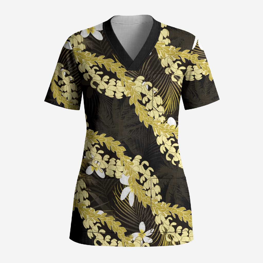 Puakenikeni Maile Lei Scrub Top Frangipani Yellow Tropical Leaves
