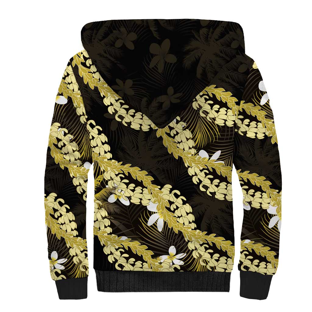 Puakenikeni Maile Lei Sherpa Hoodie Frangipani Yellow Tropical Leaves