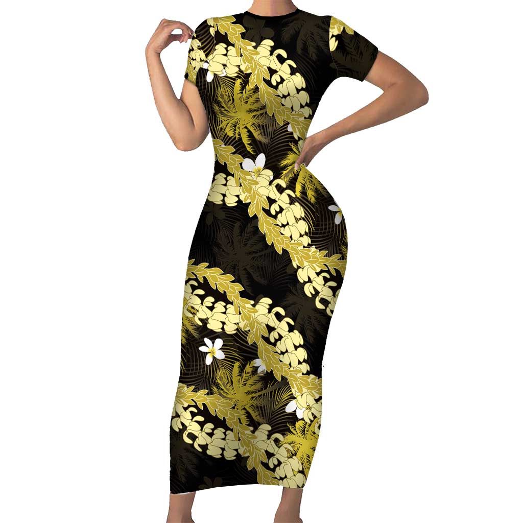 Puakenikeni Maile Lei Short Sleeve Bodycon Dress Frangipani Yellow Tropical Leaves LT01 Long Dress Yellow - Polynesian Pride