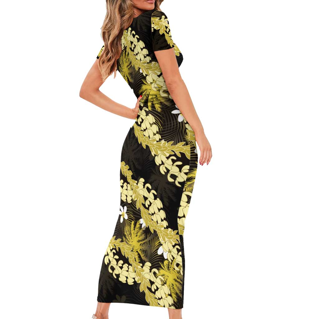 Puakenikeni Maile Lei Short Sleeve Bodycon Dress Frangipani Yellow Tropical Leaves LT01 - Polynesian Pride