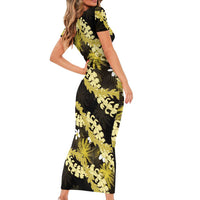 Puakenikeni Maile Lei Short Sleeve Bodycon Dress Frangipani Yellow Tropical Leaves LT01 - Polynesian Pride