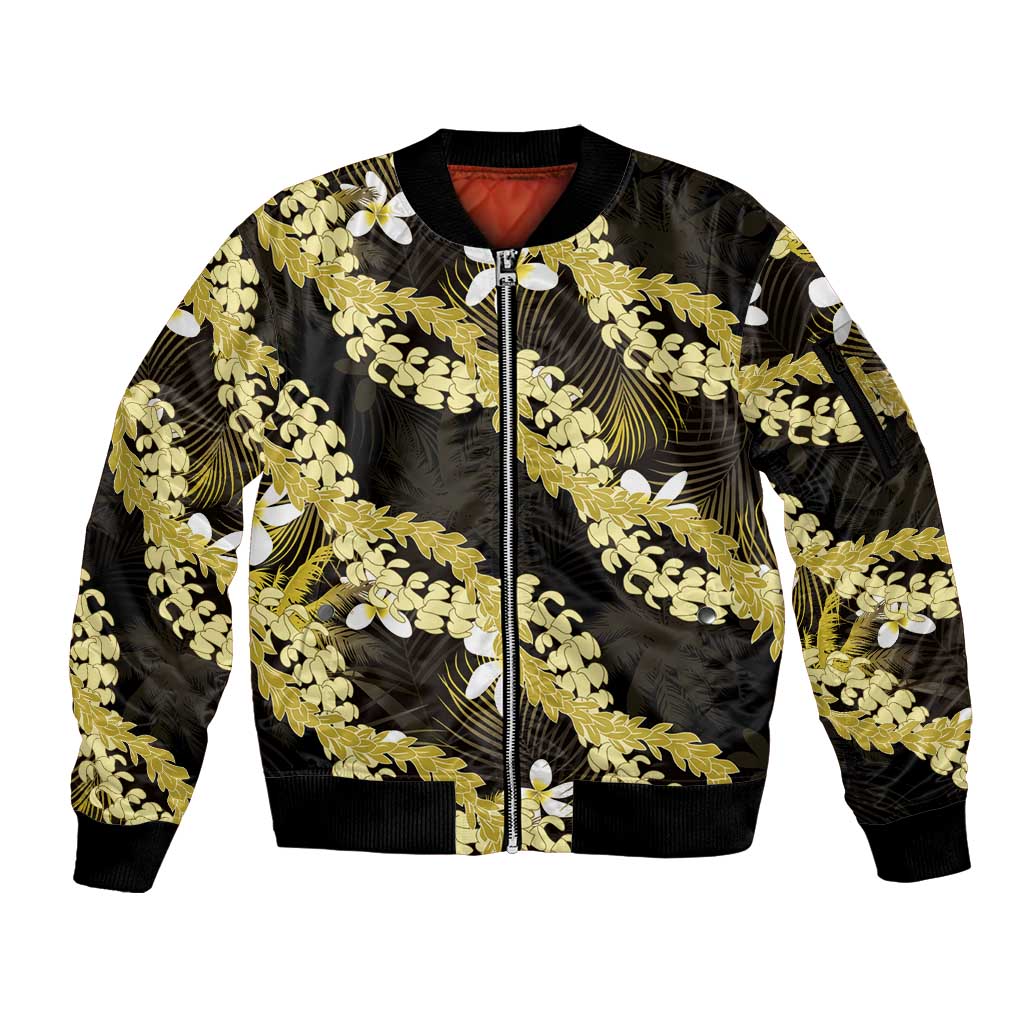 Puakenikeni Maile Lei Sleeve Zip Bomber Jacket Frangipani Yellow Tropical Leaves