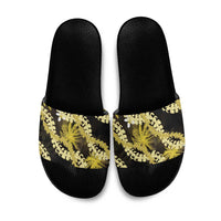 Puakenikeni Maile Lei Slide Sandals Frangipani Yellow Tropical Leaves