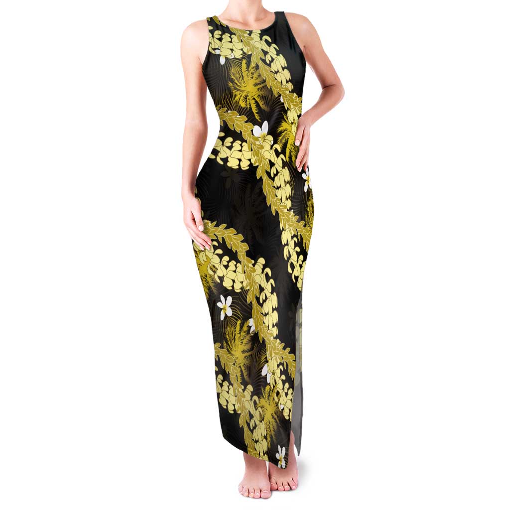 Puakenikeni Maile Lei Tank Maxi Dress Frangipani Yellow Tropical Leaves