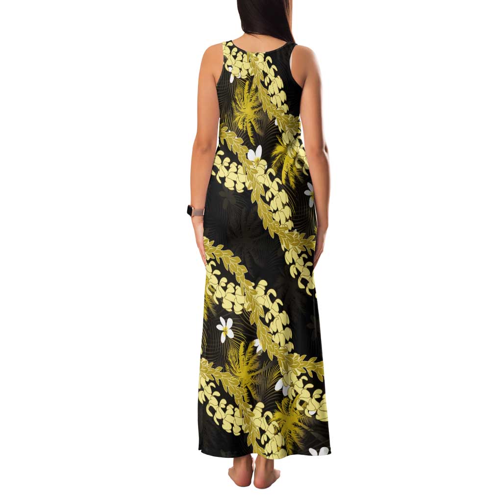 Puakenikeni Maile Lei Tank Maxi Dress Frangipani Yellow Tropical Leaves