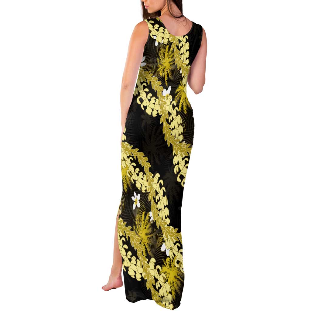 Puakenikeni Maile Lei Tank Maxi Dress Frangipani Yellow Tropical Leaves