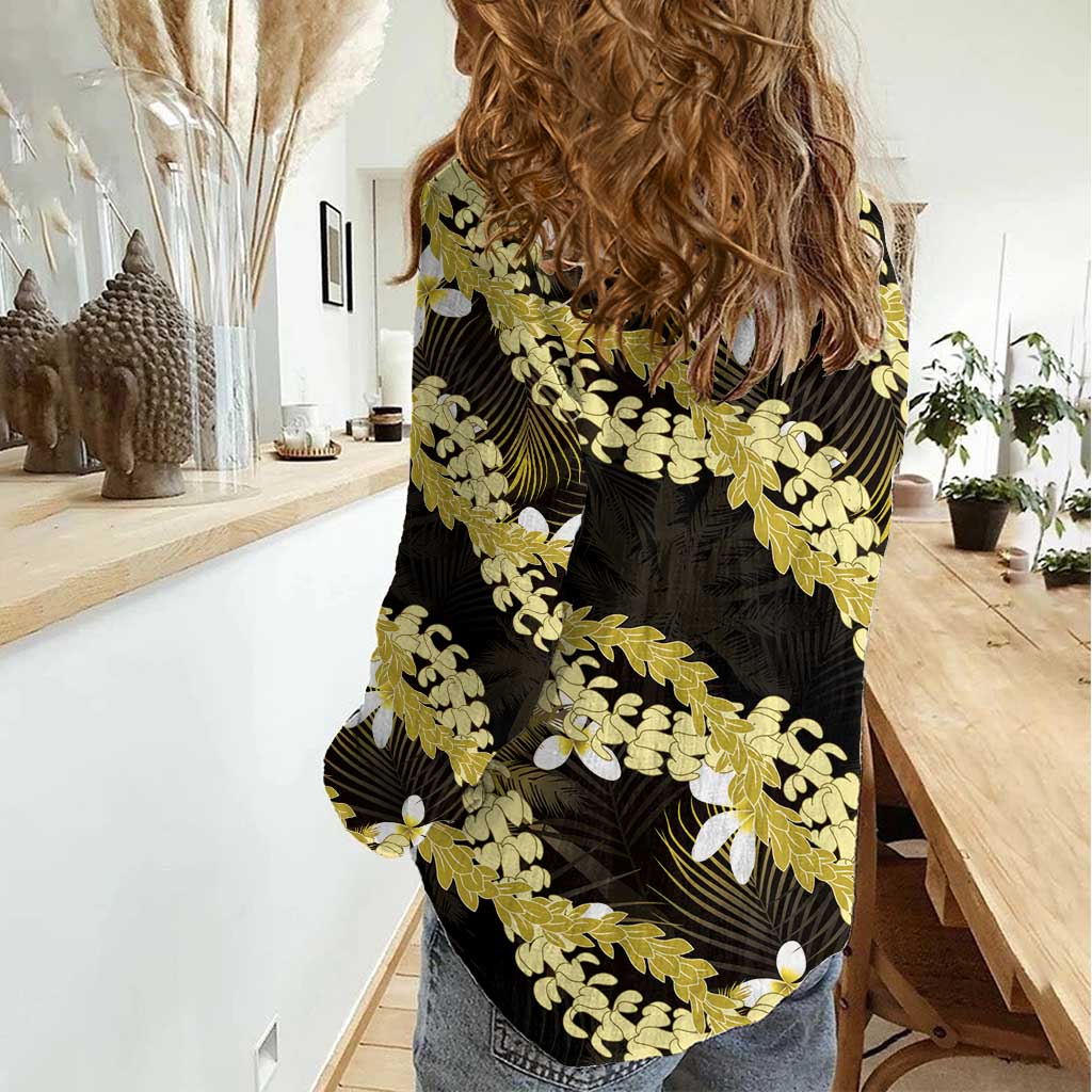 Puakenikeni Maile Lei Women Casual Shirt Frangipani Yellow Tropical Leaves LT01 - Polynesian Pride