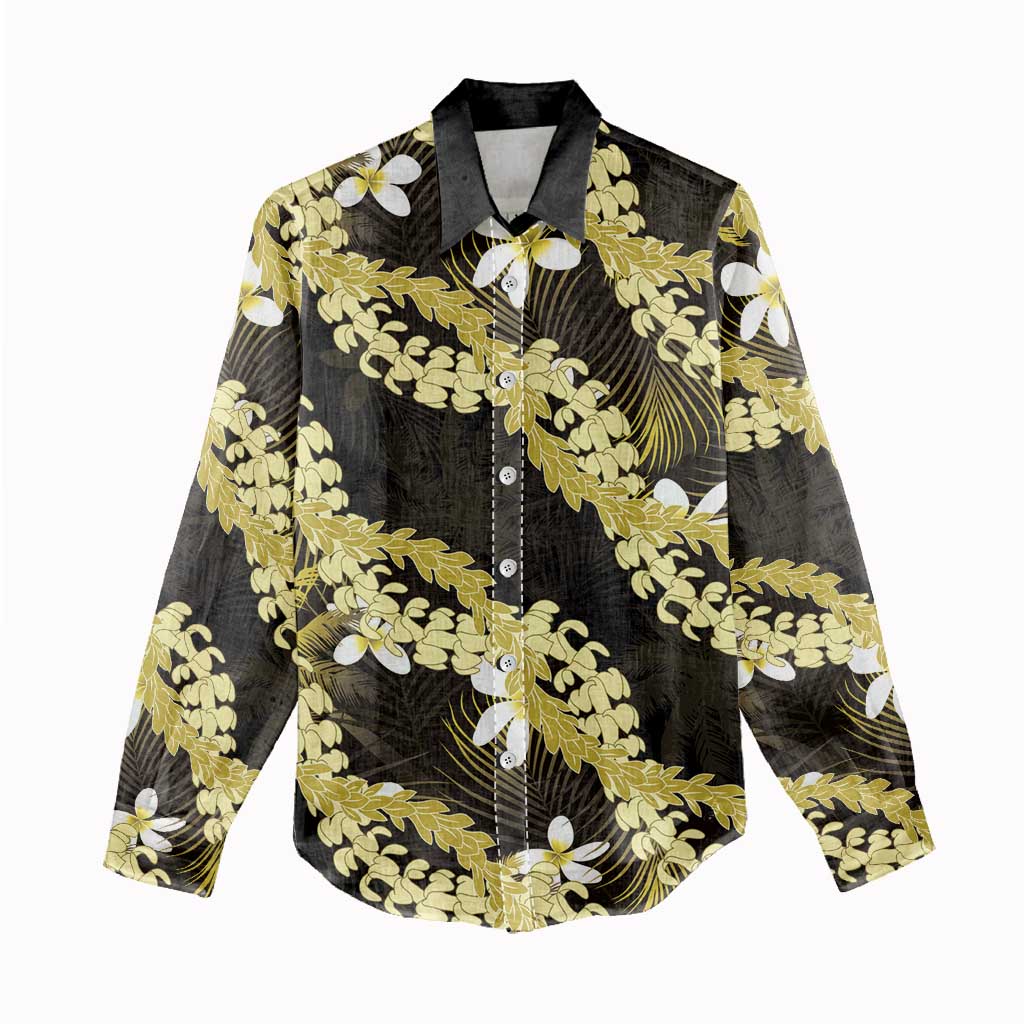 Puakenikeni Maile Lei Women Casual Shirt Frangipani Yellow Tropical Leaves LT01 - Polynesian Pride