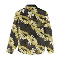 Puakenikeni Maile Lei Women Casual Shirt Frangipani Yellow Tropical Leaves LT01 - Polynesian Pride