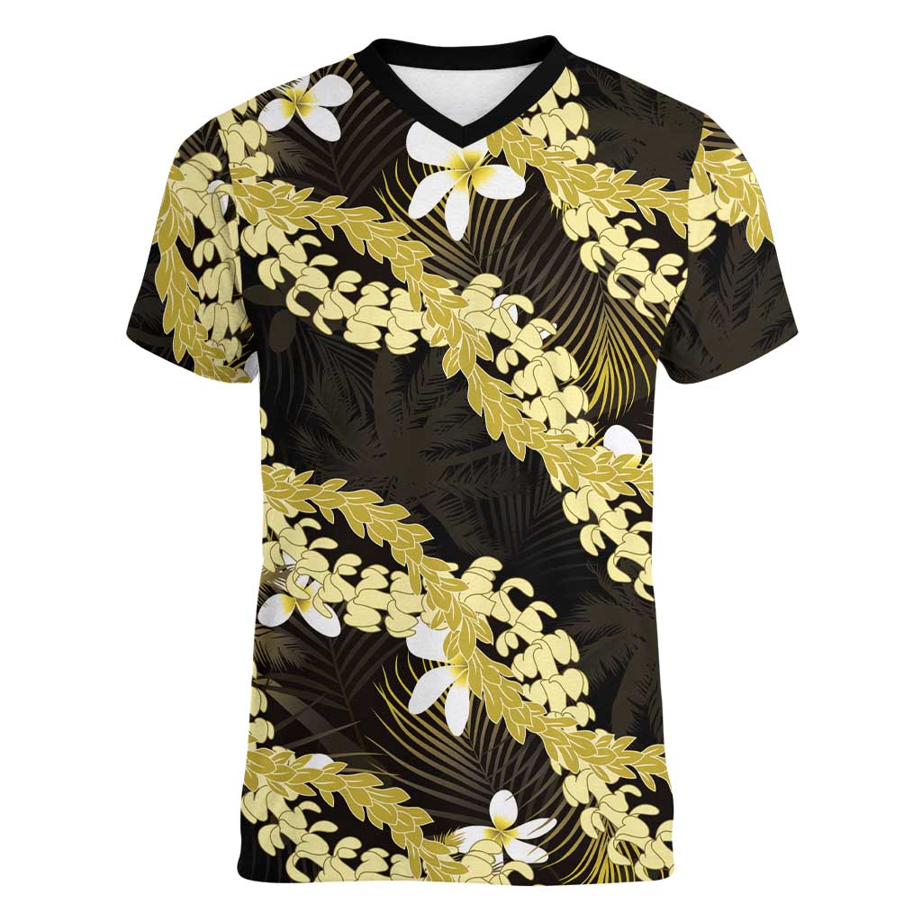 Puakenikeni Maile Lei Women V-Neck T-Shirt Frangipani Yellow Tropical Leaves LT01 Female Yellow - Polynesian Pride