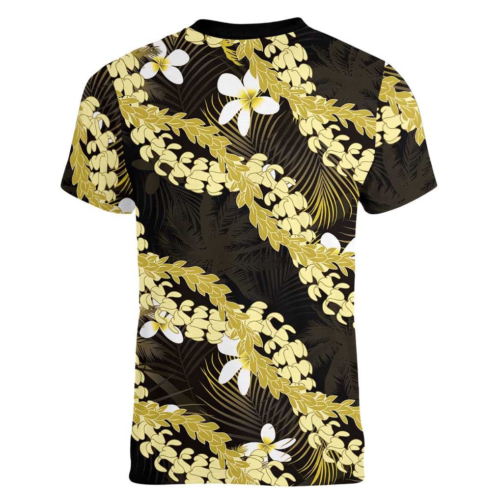Puakenikeni Maile Lei Women V-Neck T-Shirt Frangipani Yellow Tropical Leaves LT01 - Polynesian Pride