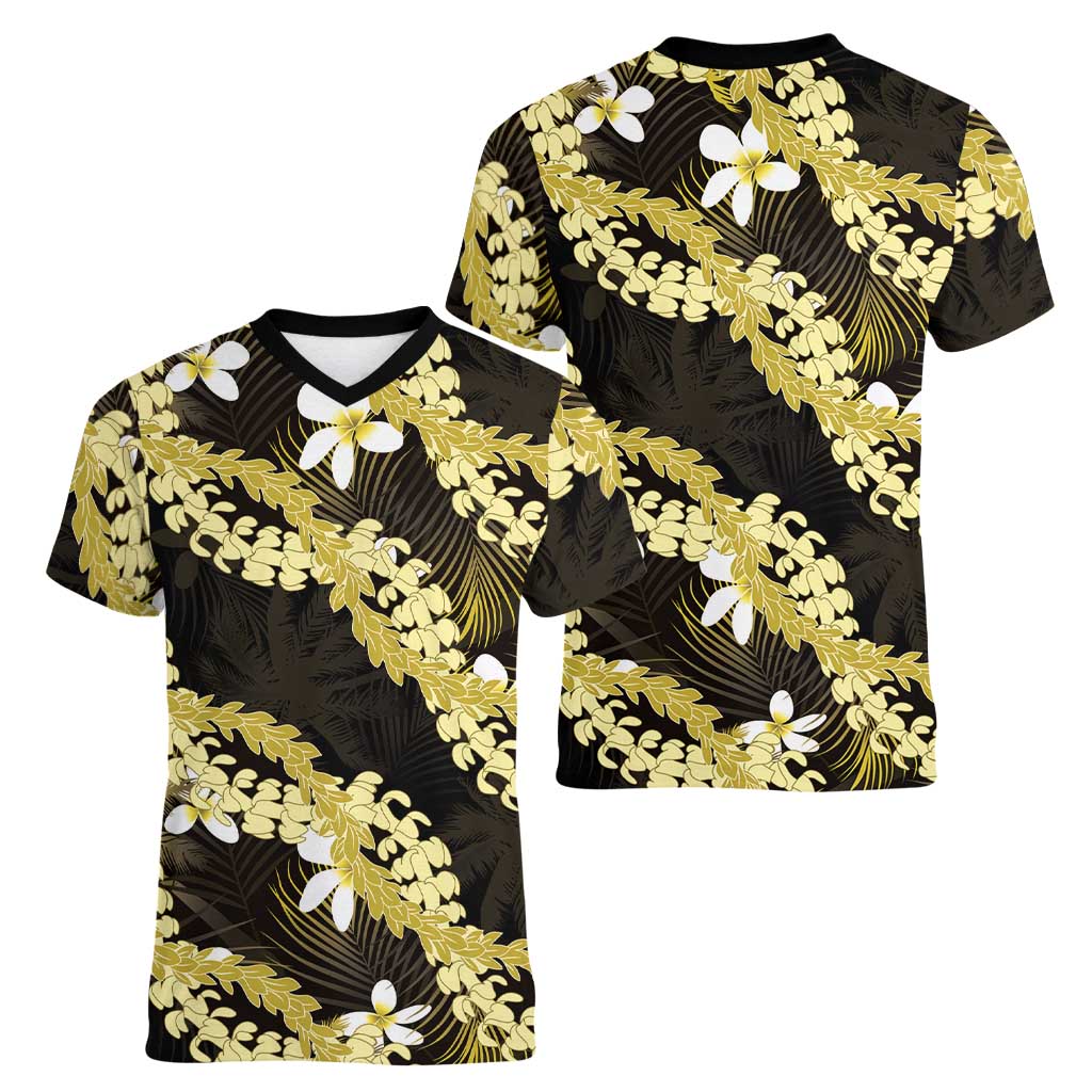 Puakenikeni Maile Lei Women V-Neck T-Shirt Frangipani Yellow Tropical Leaves LT01 - Polynesian Pride