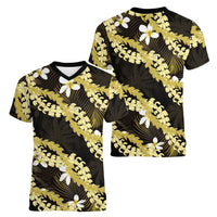 Puakenikeni Maile Lei Women V-Neck T-Shirt Frangipani Yellow Tropical Leaves LT01 - Polynesian Pride