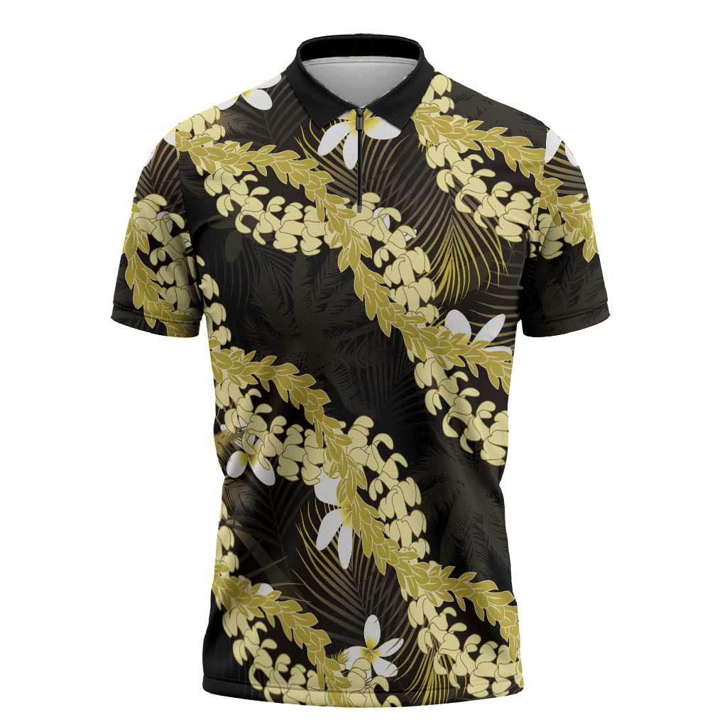 Puakenikeni Maile Lei Zipper Polo Shirt Frangipani Yellow Tropical Leaves
