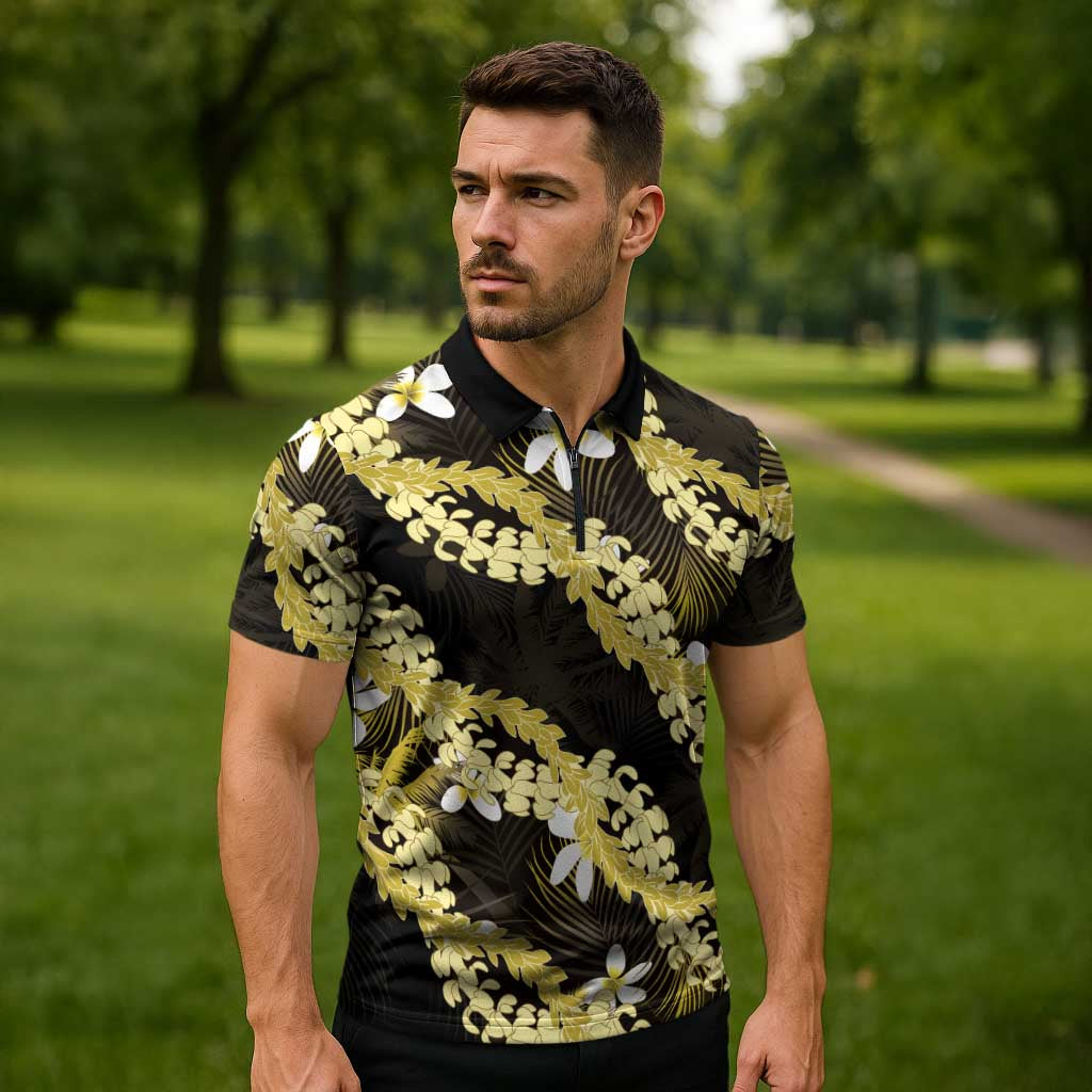 Puakenikeni Maile Lei Zipper Polo Shirt Frangipani Yellow Tropical Leaves