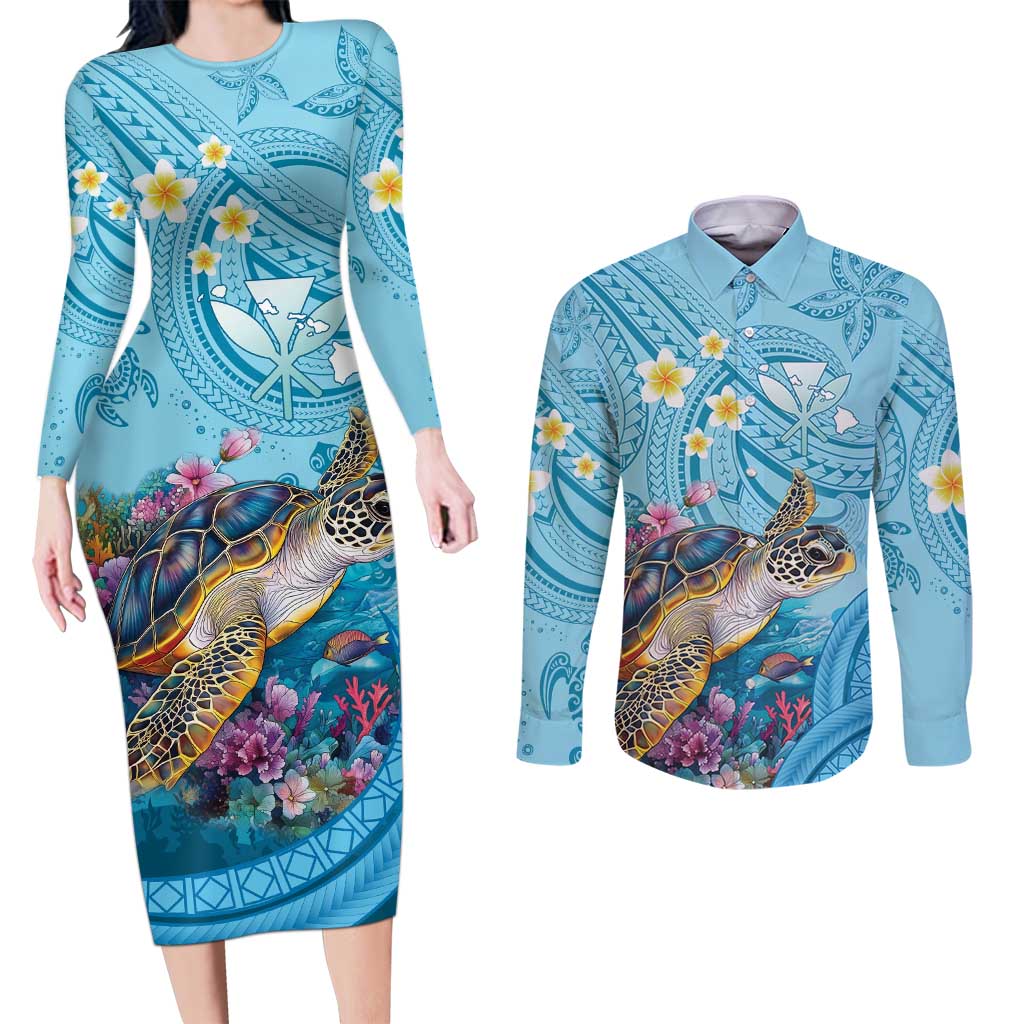 Personalized Hawaii Sea Turtle Couples Matching Long Sleeve Bodycon Dress and Long Sleeve Button Shirt Hawaii Map Ocean Vibes