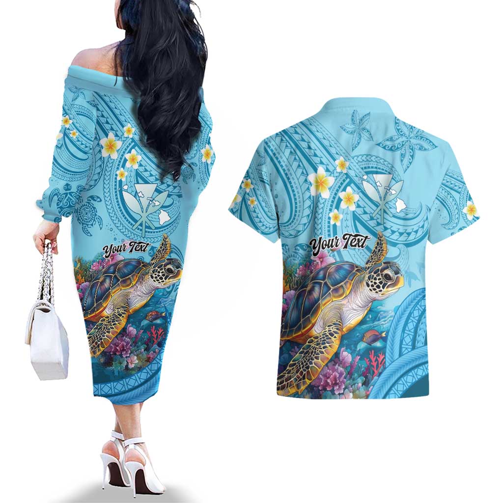 Personalized Hawaii Sea Turtle Couples Matching Off The Shoulder Long Sleeve Dress and Hawaiian Shirt Hawaii Map Ocean Vibes