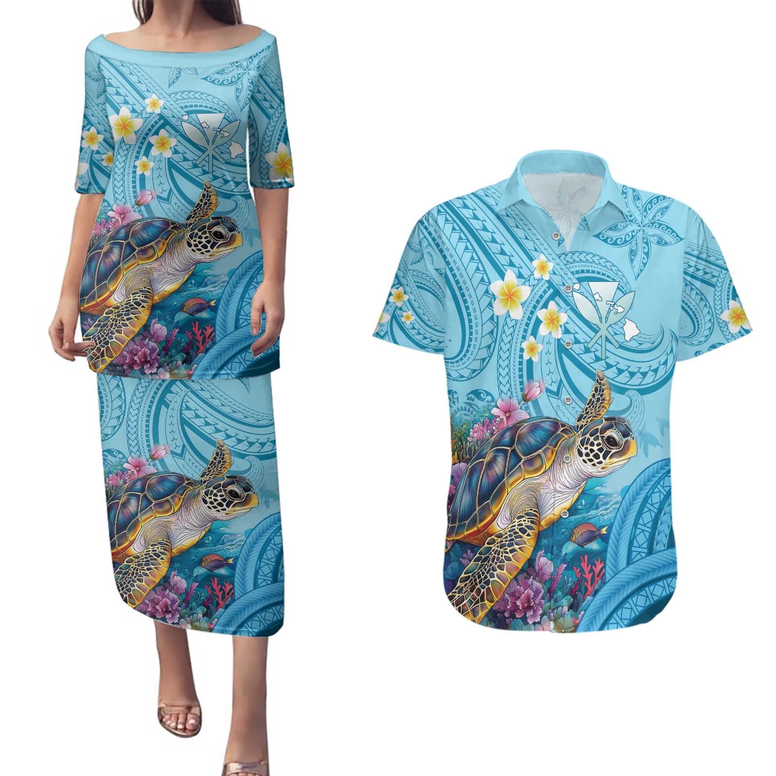 Personalized Hawaii Sea Turtle Couples Matching Puletasi and Hawaiian Shirt Hawaii Map Ocean Vibes