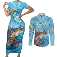 Personalized Hawaii Sea Turtle Couples Matching Short Sleeve Bodycon Dress and Long Sleeve Button Shirt Hawaii Map Ocean Vibes