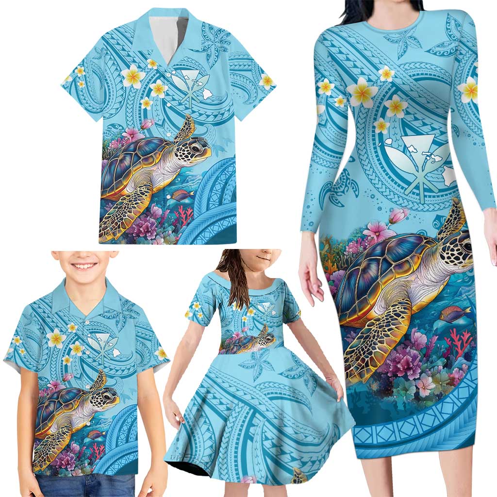 Personalized Hawaii Sea Turtle Family Matching Long Sleeve Bodycon Dress and Hawaiian Shirt Hawaii Map Ocean Vibes