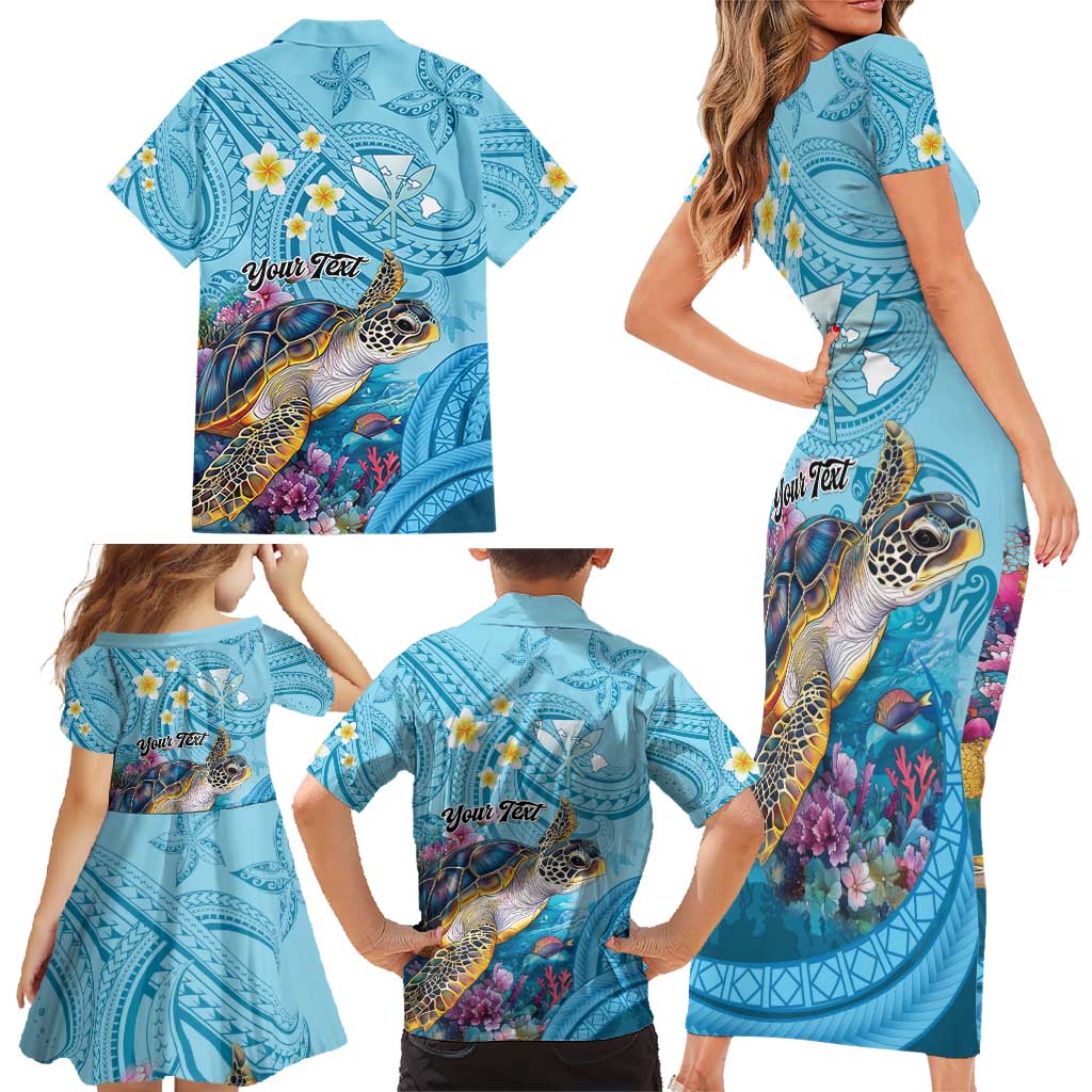 Personalized Hawaii Sea Turtle Family Matching Short Sleeve Bodycon Dress and Hawaiian Shirt Hawaii Map Ocean Vibes