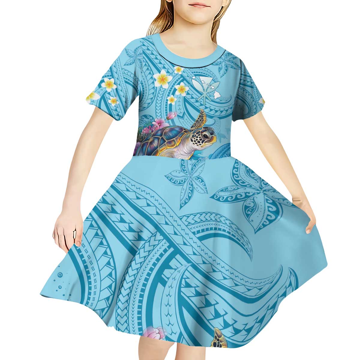 Personalized Hawaii Sea Turtle Kid Short Sleeve Dress Hawaii Map Ocean Vibes