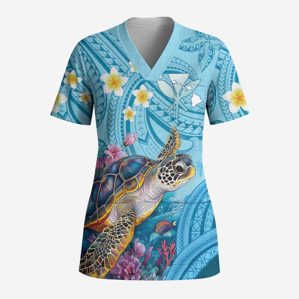 Personalized Hawaii Sea Turtle Scrub Top Hawaii Map Ocean Vibes - Polynesian Pride