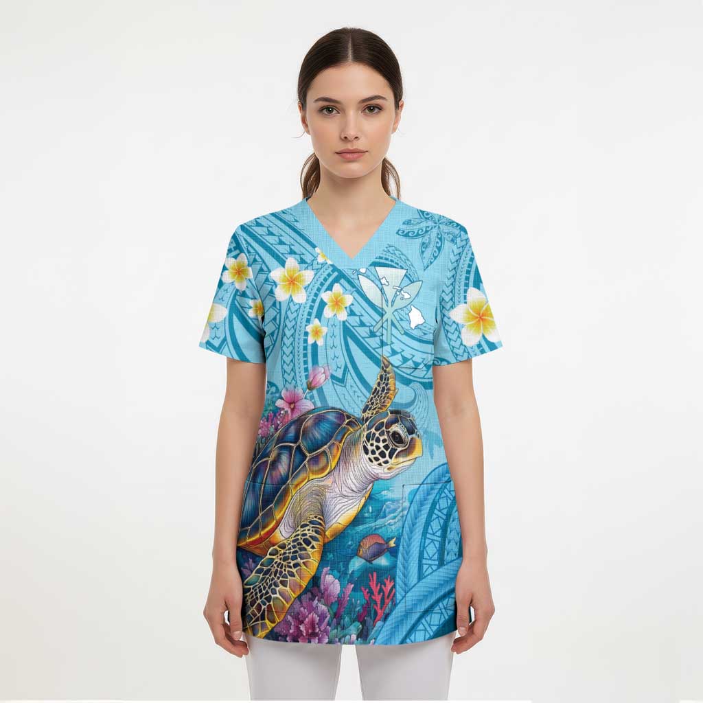 Personalized Hawaii Sea Turtle Scrub Top Hawaii Map Ocean Vibes - Polynesian Pride