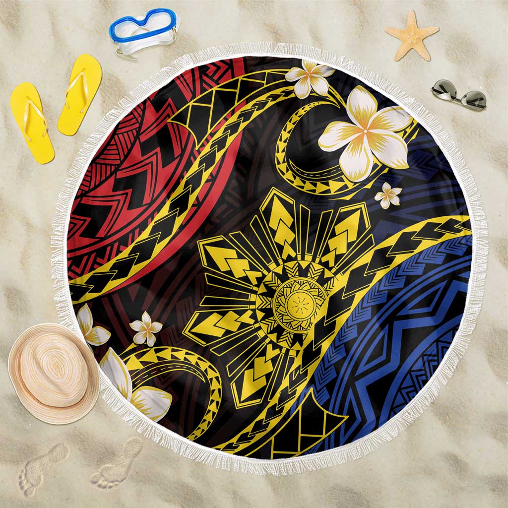 Philippines Spirit Tribal Sun Plumeria Beach Blanket Red And Blue Polynesian Pattern