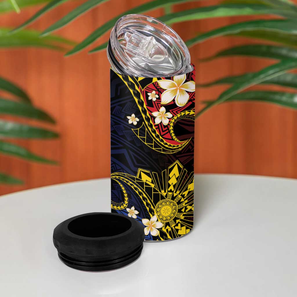 Philippines Spirit Tribal Sun Plumeria 4 in 1 Can Cooler Tumbler Red And Blue Polynesian Pattern